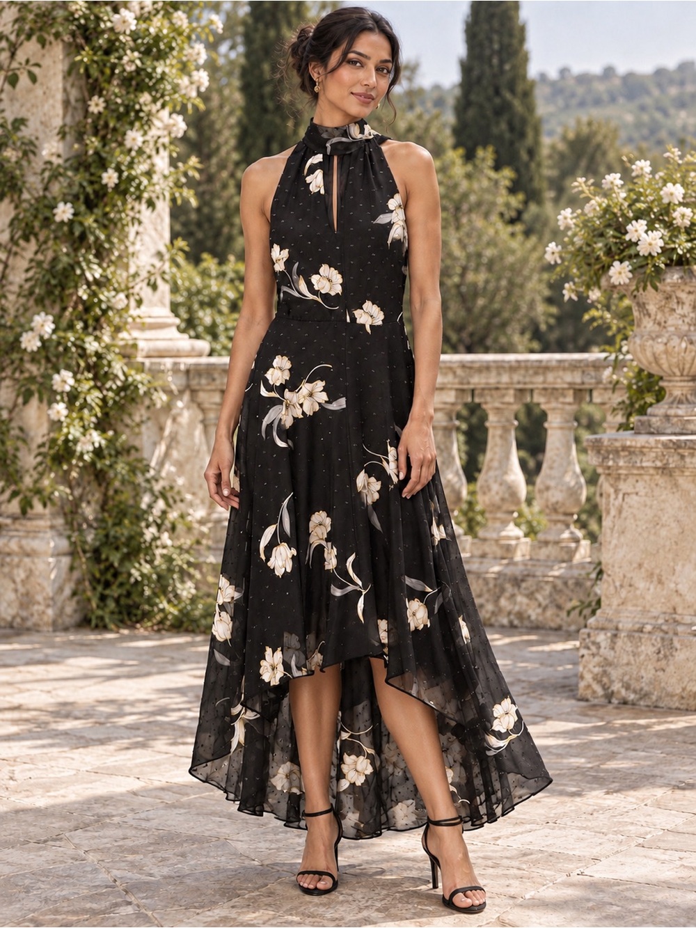 White House Black Market Black Floral Halter High-Low Dress